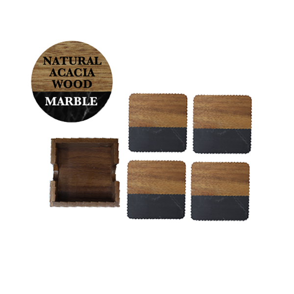 Bombay 4pc Acacia/Marble Coasters with Acacia Holder, Black Marble