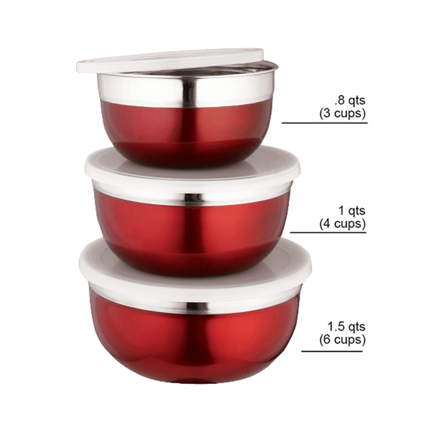 Bombay 6pc Bowls with Lids .8, 1, 1.5 Qt. Stainless Steel/ Red