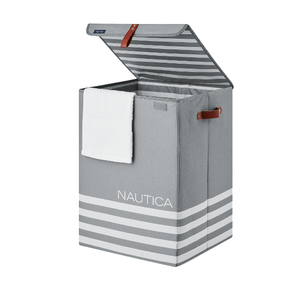 Nautica Folding Hamper with Lid, Gray Stripe
