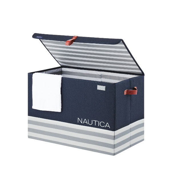 Nautica Folding Rectangular Hamper/ Storage Trunk with Lid, Navy Stripe
