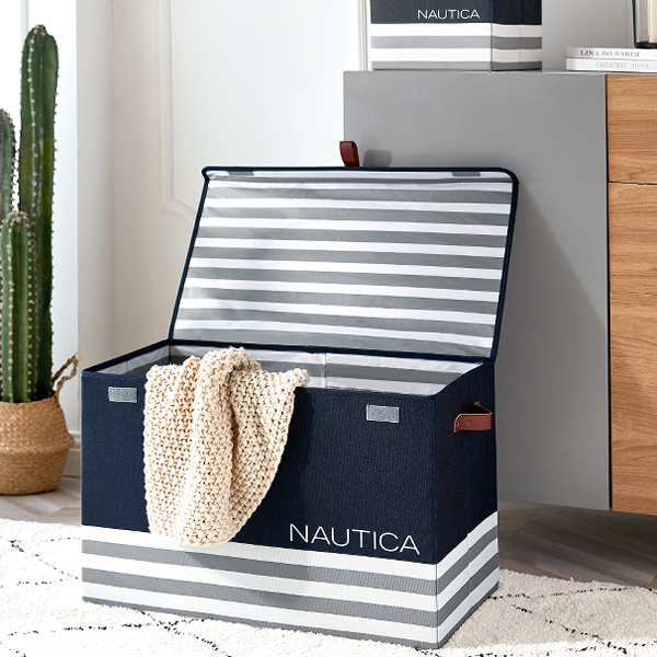 Nautica Folding Rectangular Hamper/ Storage Trunk with Lid, Navy Stripe
