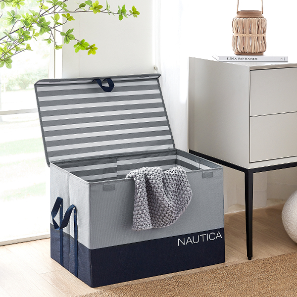 Nautica Folding Rectangular Hamper/ Storage Trunk with Lid, Gray Block
