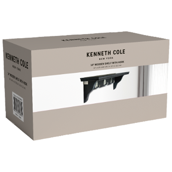 Kenneth Cole Wooden Wall Shelf with Hooks 14 In., Black