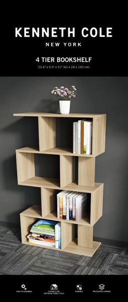 Kenneth Cole 4-Tier Bookshelf, Oak