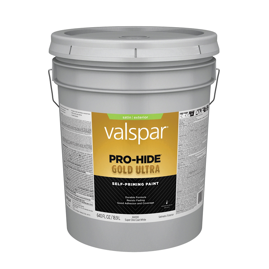 Valspar Pro-Hide Gold Ultra Latex Satin Exterior House Paint, Super One-Coat White, 5 Gal.