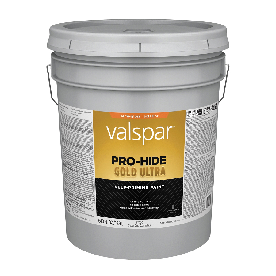 Valspar Pro-Hide Gold Ultra Latex Semi-Gloss Exterior House Paint, Super One-Coat White, 5 Gal.