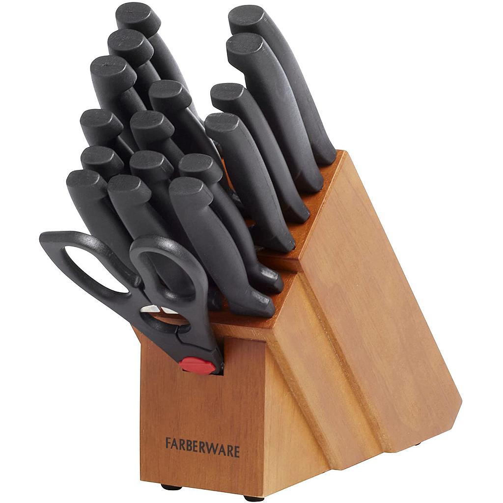 Farberware 18-Piece Never Needs Sharpening High-Carbon Stainless Steel Knife Block Set with Non-Slip Handles, Black