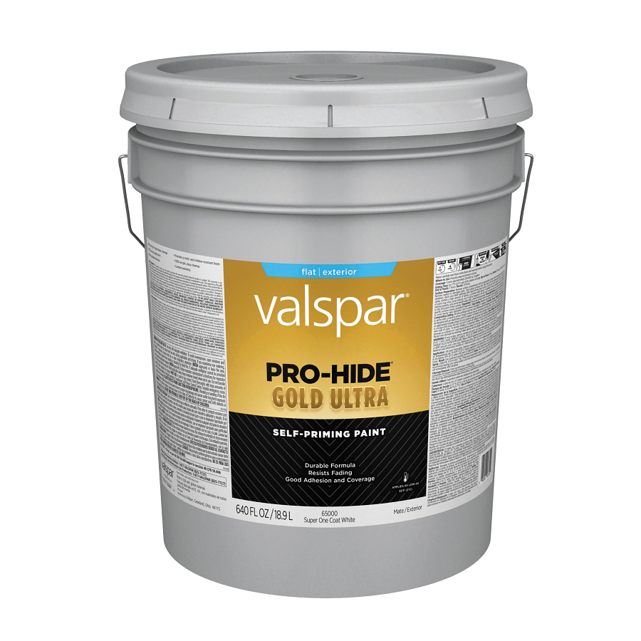 Valspar Pro-Hide Gold Ultra Latex Flat Exterior House Paint, Super One-Coat White, 5 Gal.