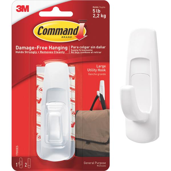 ^3M Command Large Utility Hook, White, 1 Hook, 2 Strips (5 Lb. Capacity)