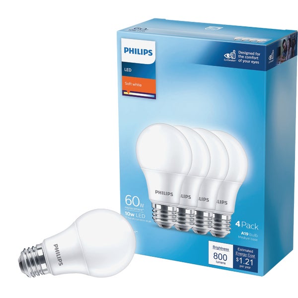 Philips 60W Equivalent Soft White A19 Medium LED Light Bulb 4Pk