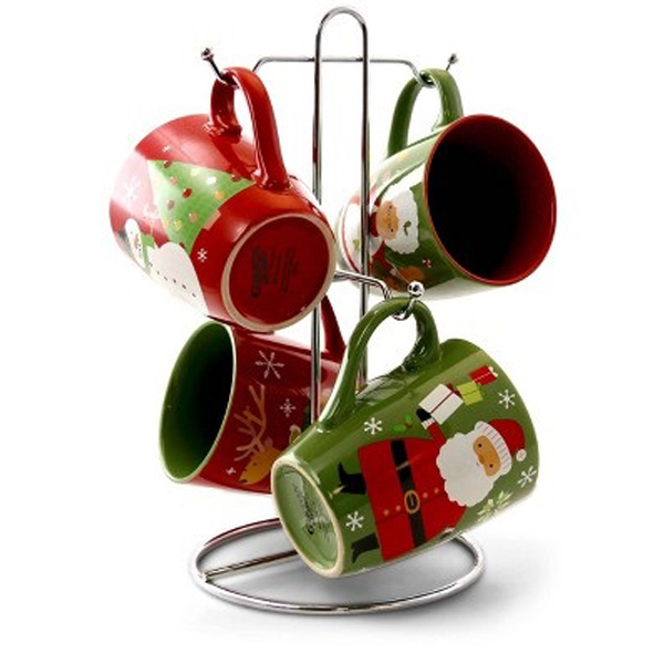 Gibson Home Santa Smile Set of 4 - 15oz Cups with Metal Rack