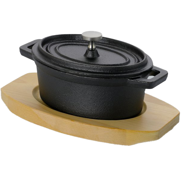 ****Gibson Home Campton Mini Casserole Oval W/ Lid and Wood Base .35 Qt Preseasoned Cast Iron