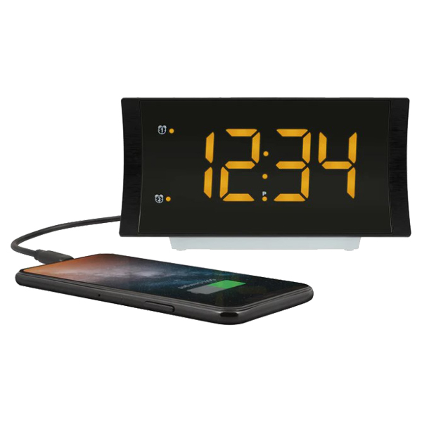 La Crosse Curved Alarm Clock w/Radio and USB Charging Port