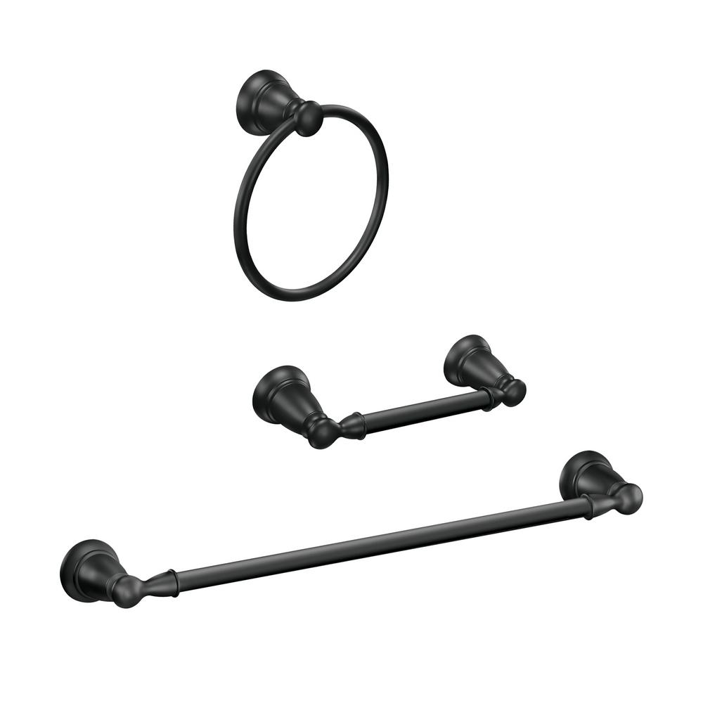 Moen Banbury 3pc Bath Hardware Set - Incl. 24in Towel Bar, Toilet Paper Holder and Towel Ring, Matte Black