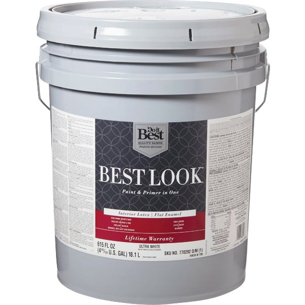 Best Look Latex Paint &amp; Primer In One Flat Enamel Interior Wall Paint, Ultra White, 5 Gal