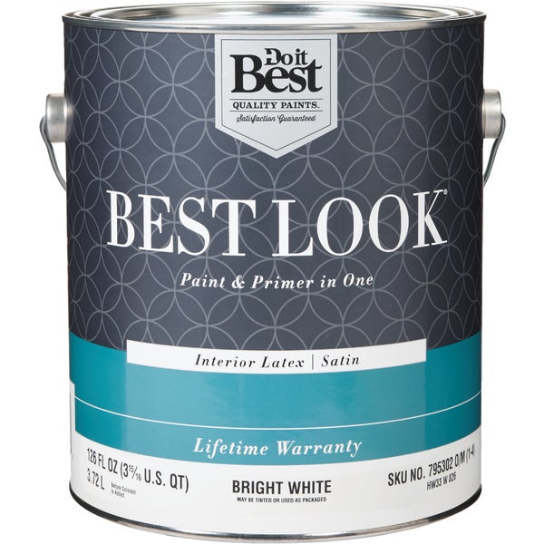 Best Look Latex Paint &amp; Primer In One Satin Interior Wall Paint, Bright White, 1 Gal