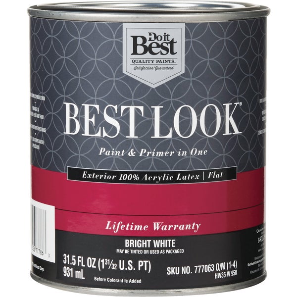 Best Look 100% Acrylic Latex Paint &amp; Primer In One Flat Exterior House Paint, Bright White, 1 Qt