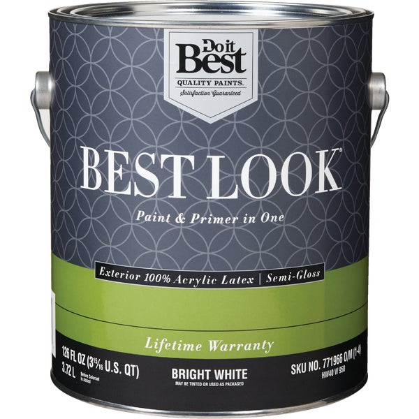 Best Look 100% Acrylic Latex Paint &amp; Primer In One Semi-Gloss Exterior House Paint, Bright White, 1 Gal