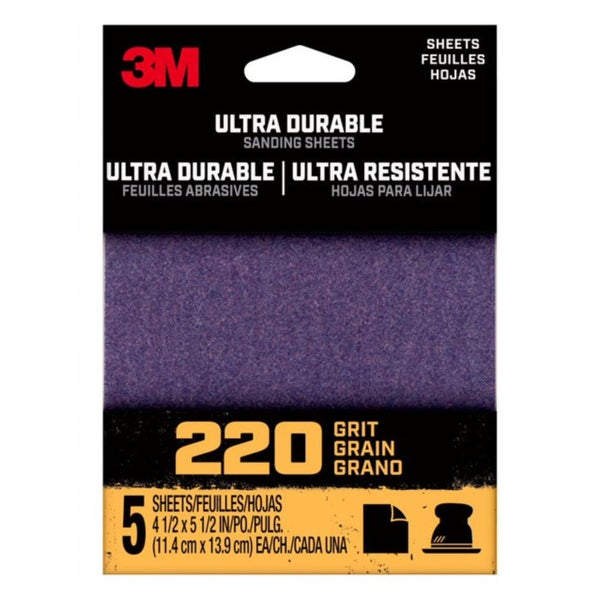 3M Ultra Durable 220 Grit Aluminum Oxide 1/4 Sheet Sandpaper 5Pk 5.5x4.5in