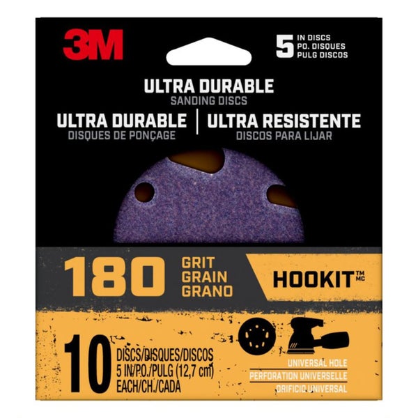 ****3M Ultra Durable 5 In. Power Sanding Discs, Universal Hole, 180 grit 10PK