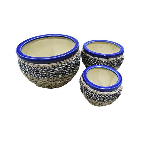 Classy Homes Ceramic Plant Pots Seagrass 3 Piece Set