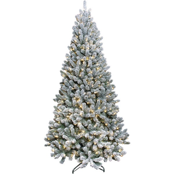 Caffco Montana Ridge 7.5 Ft Flocked Pine Quick Connect Prelit Artificial Christmas Tree, 500-Bulb Warm White LED