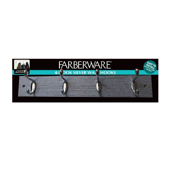 Farberware 4-Hook Wall Organizer 17.7 x 2.8 In., Chrome/ Barnyard Grey Wood