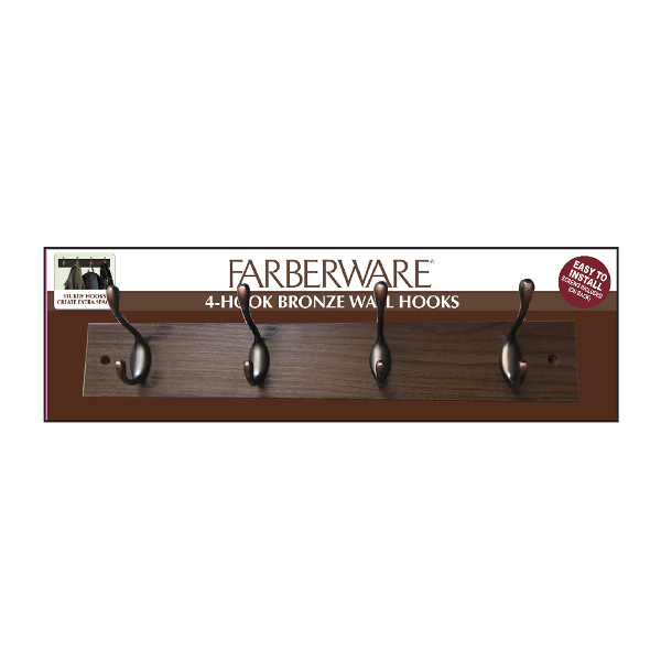 Farberware 4-Hook Wall Organizer 17.7 x 2.8 In., Bronze/ Natural Wood