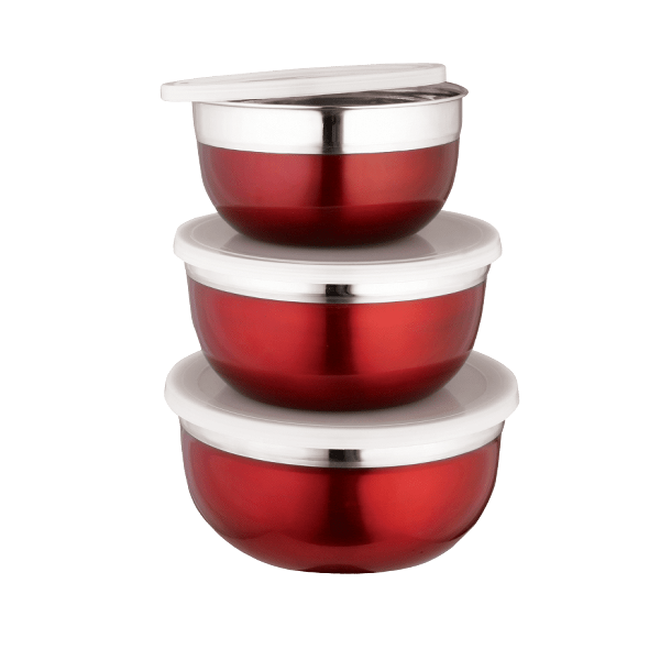 Bombay 6pc Bowls with Lids .8, 1, 1.5 Qt. Stainless Steel/ Red