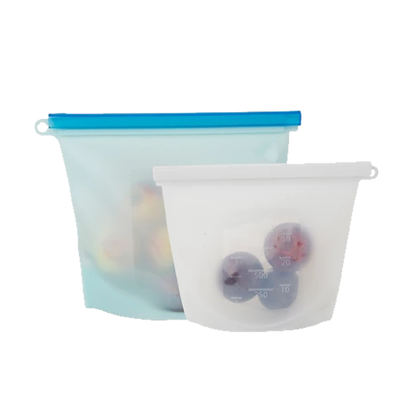 Farberware Set of 2 Silicone Food Storage Bags - White 1 Qt. 9.4 x 6.9 In., Aqua 1.5 Qt. 11.4 x 8.3 In.