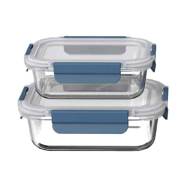 Farberware Nested Rect Glass Containers with Snap Down Lids (12.5/ 35.5 oz) - Blue - Set of 2