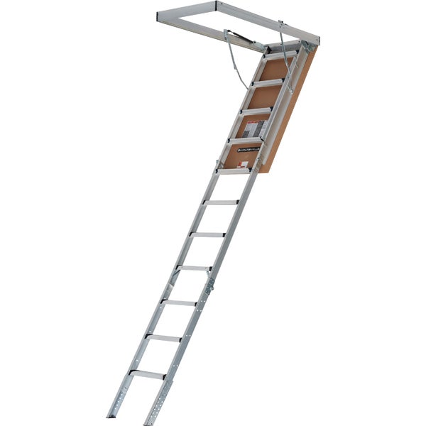 Louisville Elite Aluminum Attic Stairs with Aluminum Frame &amp; Aluminum Rail 7 Ft. 8 In. to 10 Ft. 3 In. 25-1/2 In. x 54 In., 375 Lb. Load