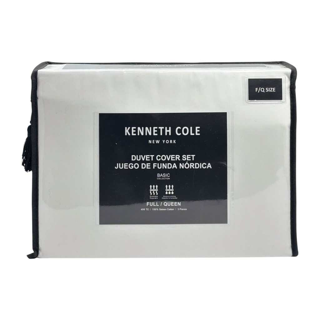 ****Kenneth Cole Full/ Queen 400TC Duvet Cover Set, White - 100% Cotton, 3Pc