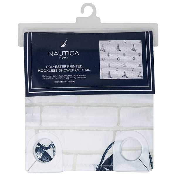 Nautica Printed Hookless Shower Curtain 72x72 In. (180x180cm)