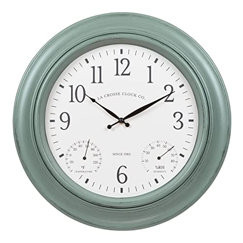 La Crosse Indoor/Outdoor Quartz Wall Clock with Temperature 18 In. Sage Green