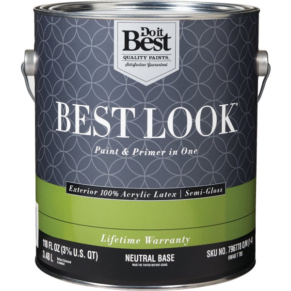 ****Best Look 100% Acrylic Latex Premium Paint &amp; Primer In One Semi-Gloss Exterior House Paint, Neutral Base, 1 Gal.