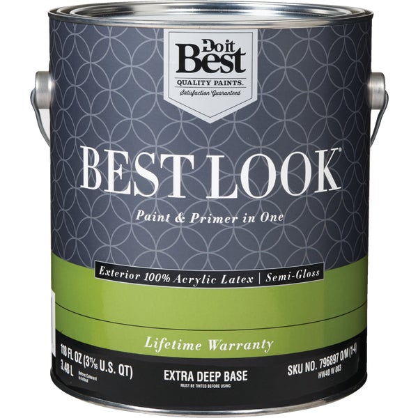 Best Look 100% Acrylic Latex Premium Paint &amp; Primer In One Semi-Gloss Exterior House Paint, Extra Deep Base, 1 Gal.