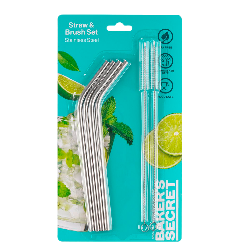 Baker's Secret 6pc Reusable Straws and Cleaning Brush Set, Stainless Steel