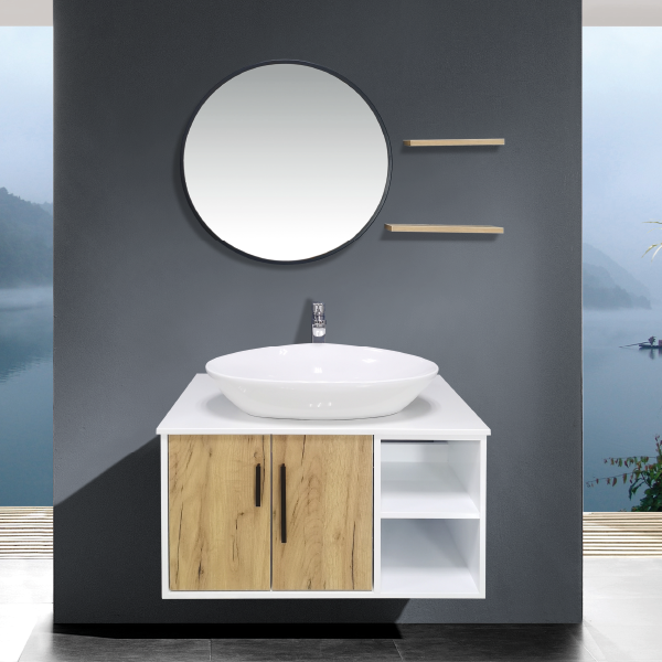 Royal Homes Bathroom Vanity, 2-Door with Side Shelf, Bamboo/ White Textured - 31.4x18.8 x18.1In. (800x480x460mm)