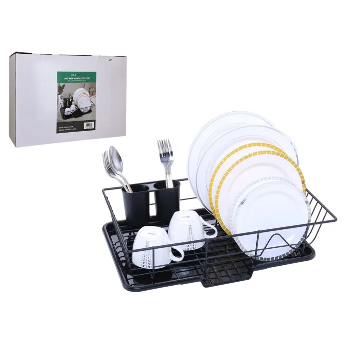 Life Art Dish Rack with Plastic Draining Tray, Black