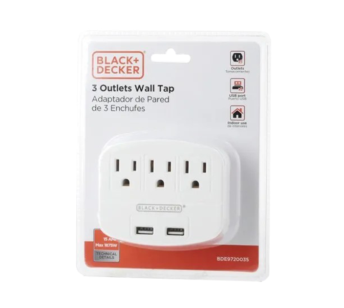Black &amp; Decker 3-Outlet Wall Tap with 2 USB-A