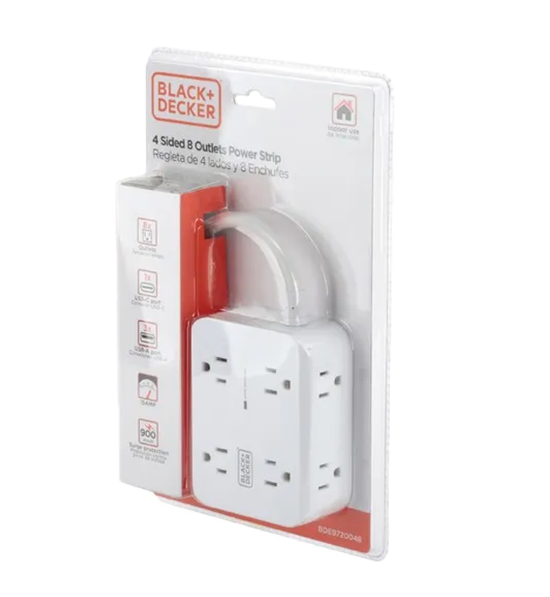 Black &amp; Decker 4-Sided, 8-Outlet Power Strip 3 USB-A, 1 USB-C