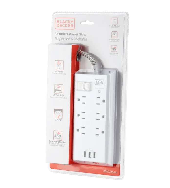 Black &amp; Decker 6-Outlet Power Strip 2 USB-A, 1 USB-C, White