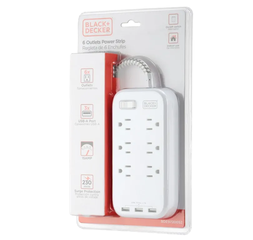 Black &amp; Decker 6-Outlet Power Strip 3 USB-A