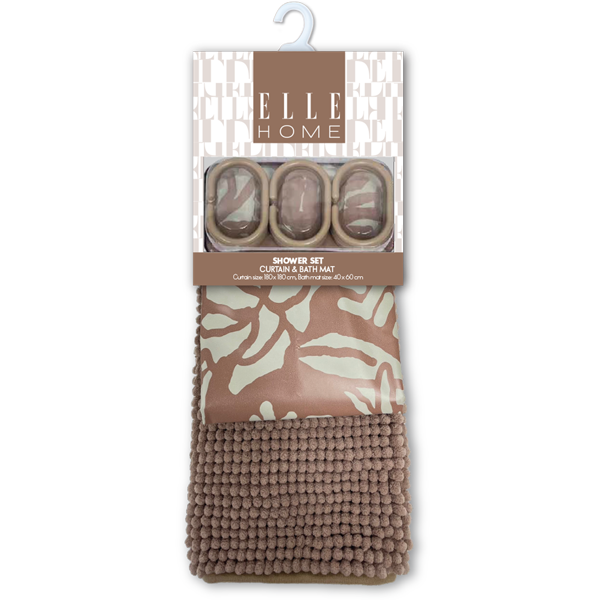 Elle Home 14pc Bath Accessory Set - Shower Curtain with Hooks &amp; Bath Mat, Brown
