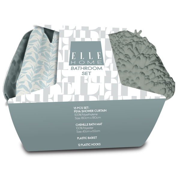 Elle Home Bath Accessory Set 15pc - Shower Curtain, Hooks, Bath Mat &amp; Basket, Seafoam Blue