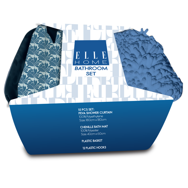 Elle Home Bath Accessory Set 15pc - Shower Curtain, Hooks, Bath Mat &amp; Basket, Dark Blue