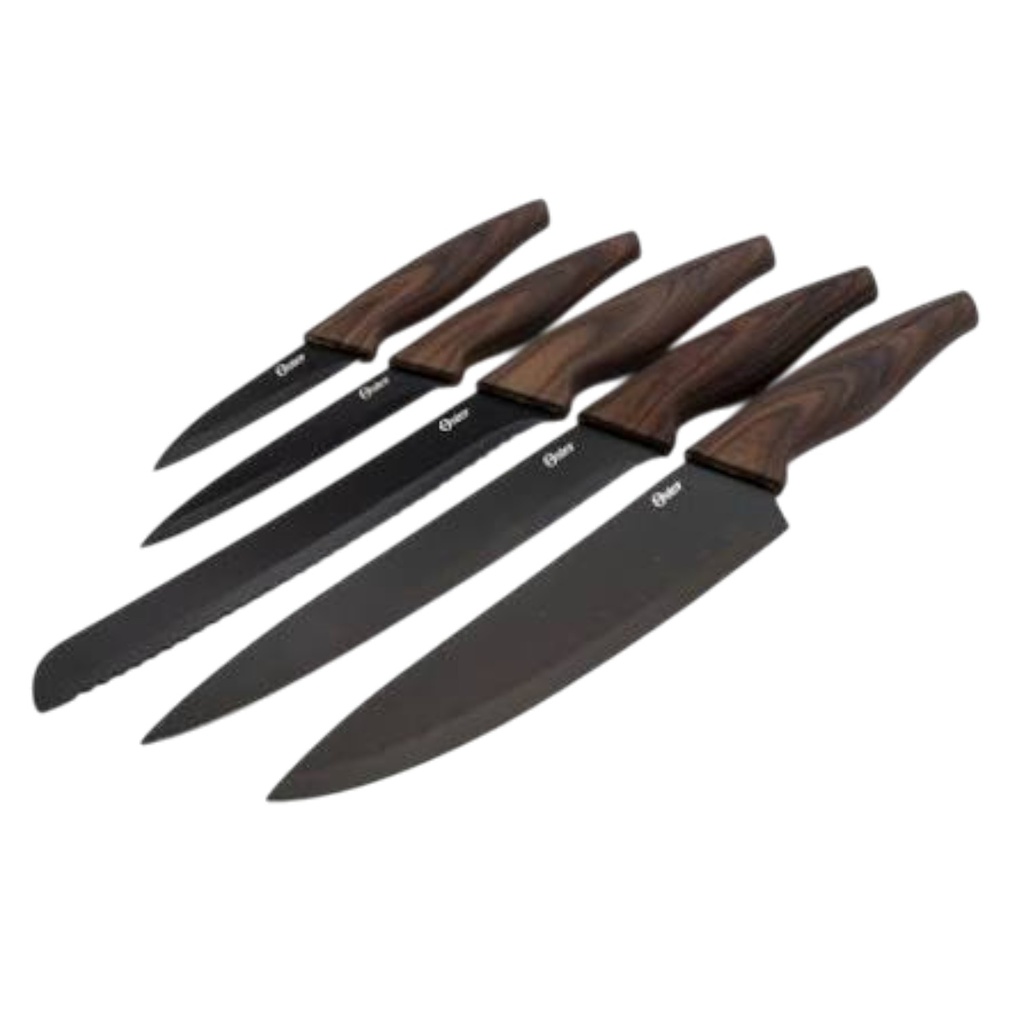 Oster Godfrey 5pc Knife Set, Black Blade, Wood-Look Handle