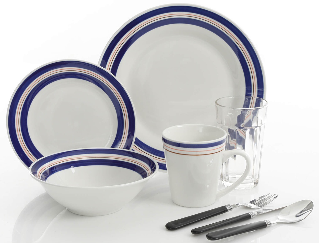 All U Need 32pc Dinnerware Combo Set, Blue Banded - Fine Ceramic