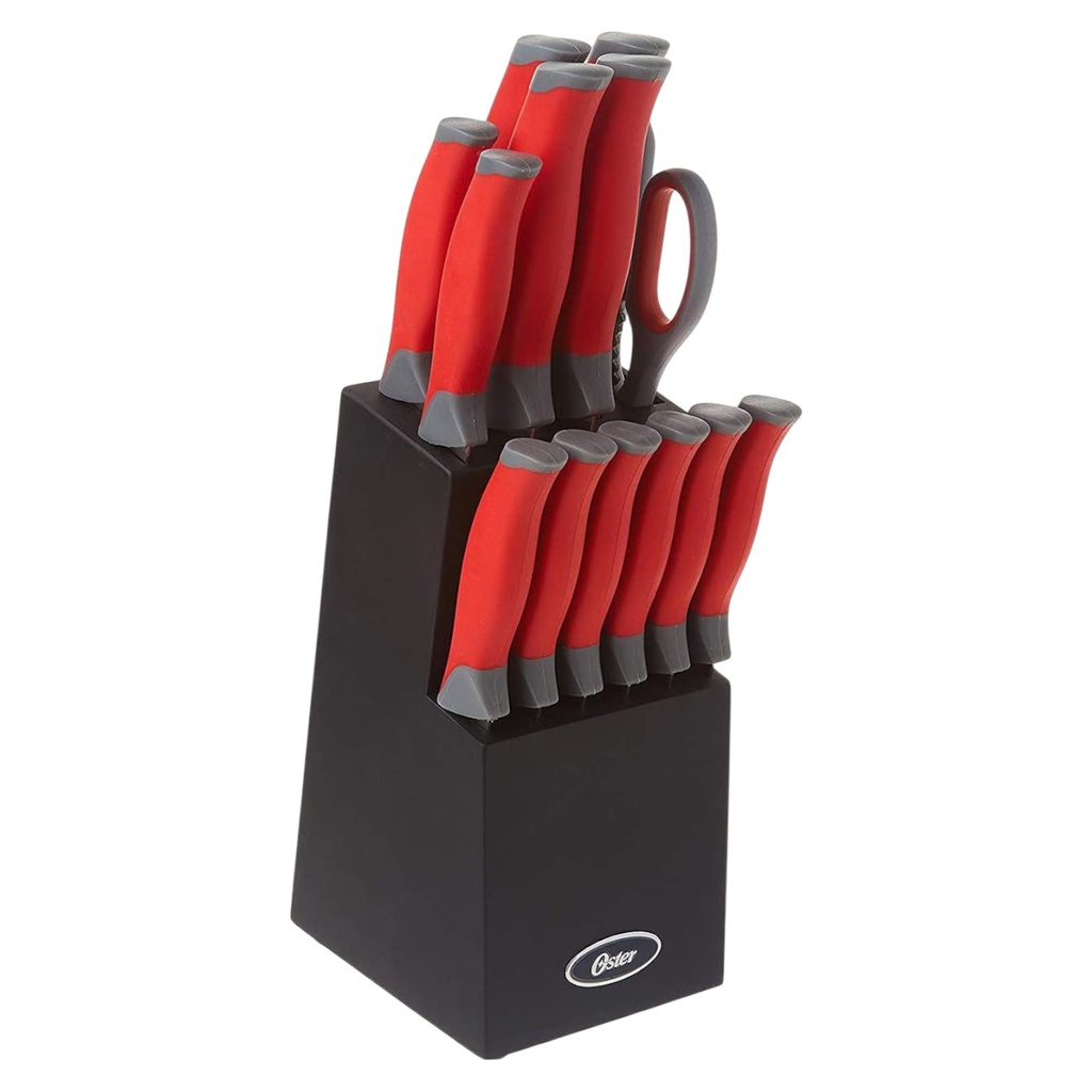 Oster Lindbergh 14pc Knife Set with Color-Stained Wood Block - Red Handles